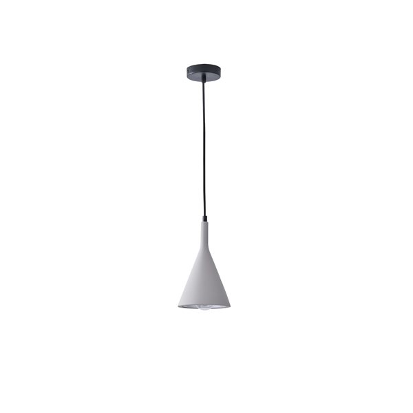 Lampada a sospensione Yeso in cemento grigio a cono stretto, diametro 15 cm, vista intera con cavo e rosone