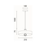 Disegno tecnico quotato. Lampada a sospensione Yeso in cemento grigio a disco, diametro 21 cm: diametro 210 mm, altezza del disco 75 mm, cavo 1500 mm, rosone 100 mm
