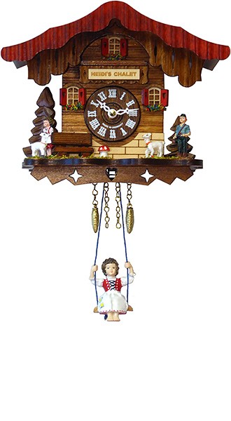 Orologio a cucù da parete in miniatura a forma di chalet della Foresta Nera in legno, tetto a scandole rosse, insegna intagliata, figure di pastori e animali, quadrante bianco con numeri romani, due pesi decorativi a forma di pigna e bambola in costume tradizionale che dondola su un’altalena