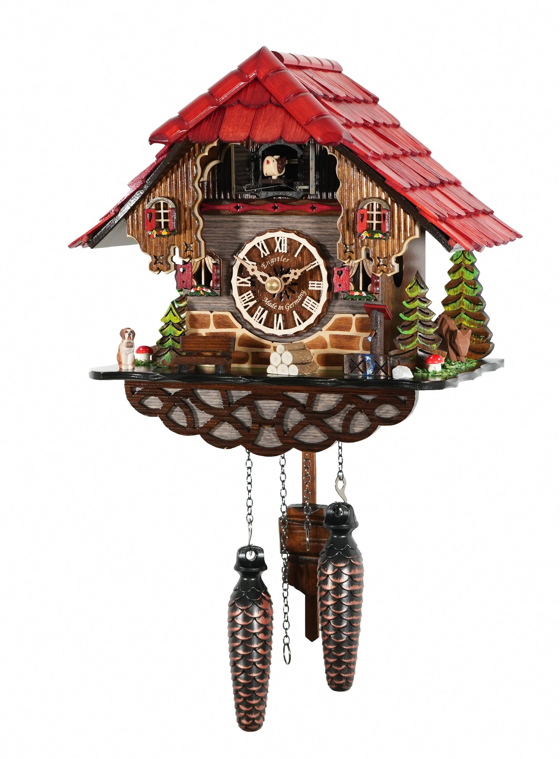 Orologio a cucù al quarzo chalet Foresta Nera 27 cm noce D•POT Orologio a cucù da parete a forma di chalet della Foresta Nera in legno noce, tetto a scandole rosse, balconcino traforato, figure intagliate, quadrante con numeri romani e due pesi decorativi a forma di pigna appesi alle catene