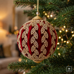 Immagine generata con AI: pallina di Natale in velluto rosso con foglie ricamate in perline oro, appesa al ramo di un albero di Natale con luci accese sullo sfondo. Albero e luci non sono compresi: si acquista la singola pallina.