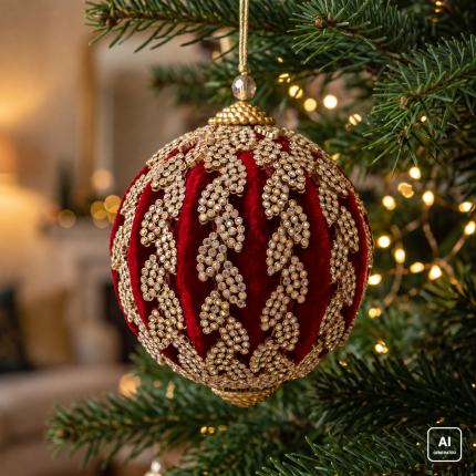 Immagine generata con AI: pallina di Natale in velluto rosso con foglie ricamate in perline oro, appesa al ramo di un albero di Natale con luci accese sullo sfondo. Albero e luci non sono compresi: si acquista la singola pallina.