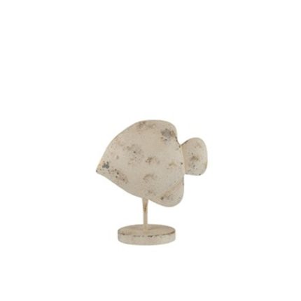 Pesce decorativo in finitura beige anticata montato su stelo con base tonda, misura 27 × 13 × 29 cm, su fondo bianco
