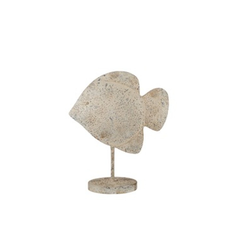 Pesce decorativo in finitura beige anticata montato su stelo con base tonda, misura 31 × 15 × 36,5 cm, su fondo bianco