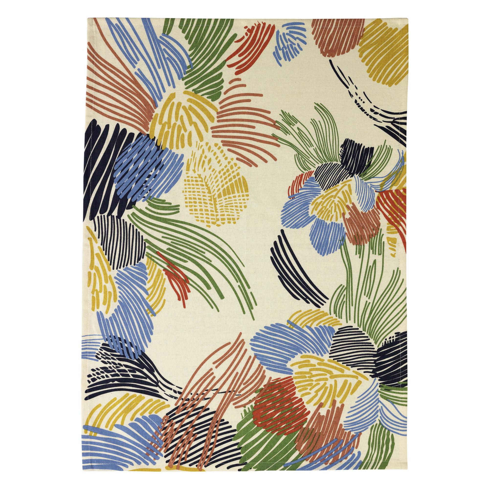 Canovaccio da cucina Abelia in cotone riciclato con motivo floreale multicolore, disteso su fondo bianco