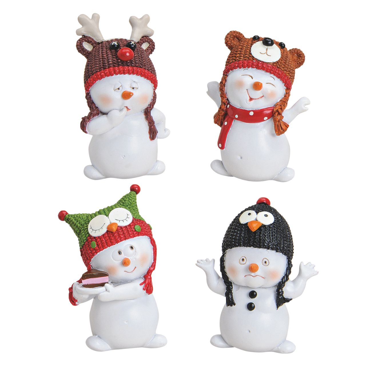 Quattro pupazzi di neve decorativi in polyresina bianca con berretto modellato a forma di animale, renna orsetto gufo e pinguino: i quattro soggetti dell assortimento, fotografati insieme su fondo bianco