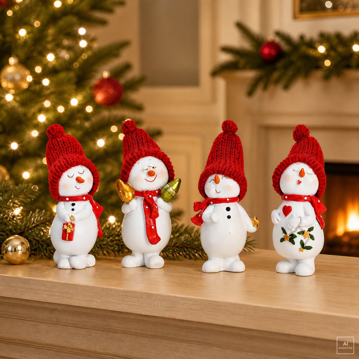 Immagine generata con AI. I quattro pupazzi di neve in polyresina bianca con berretto rosso allineati sulla mensola di un camino in legno chiaro: quello con il pacchetto regalo, quello con i due addobbi, quello con la stellina dorata e quello con il ramo di agrifoglio. Sullo sfondo un albero di Natale illuminato con palline rosse e dorate, rametti di abete sulla mensola e il fuoco acceso nel camino. Albero, palline, rametti, camino, mensola e arredi non sono compresi.