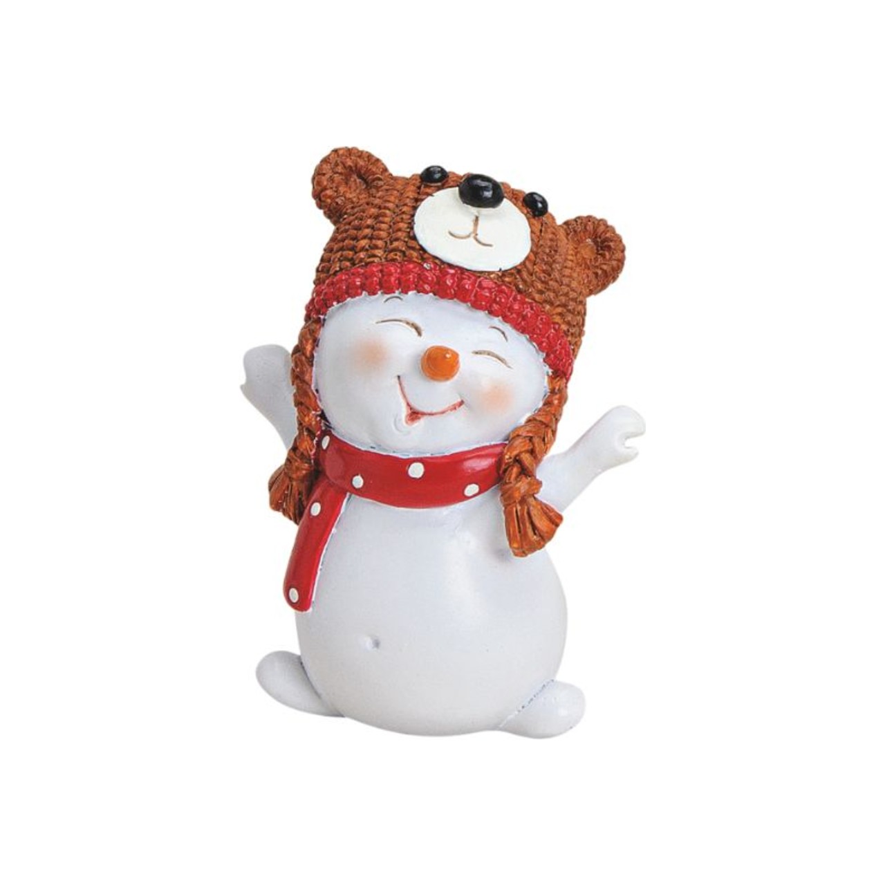 Pupazzo di neve decorativo in polyresina bianca con berretto da orsetto marrone a trama di maglia con muso chiaro e orecchie tonde, sciarpa rossa a pois bianchi, occhi chiusi e braccia spalancate