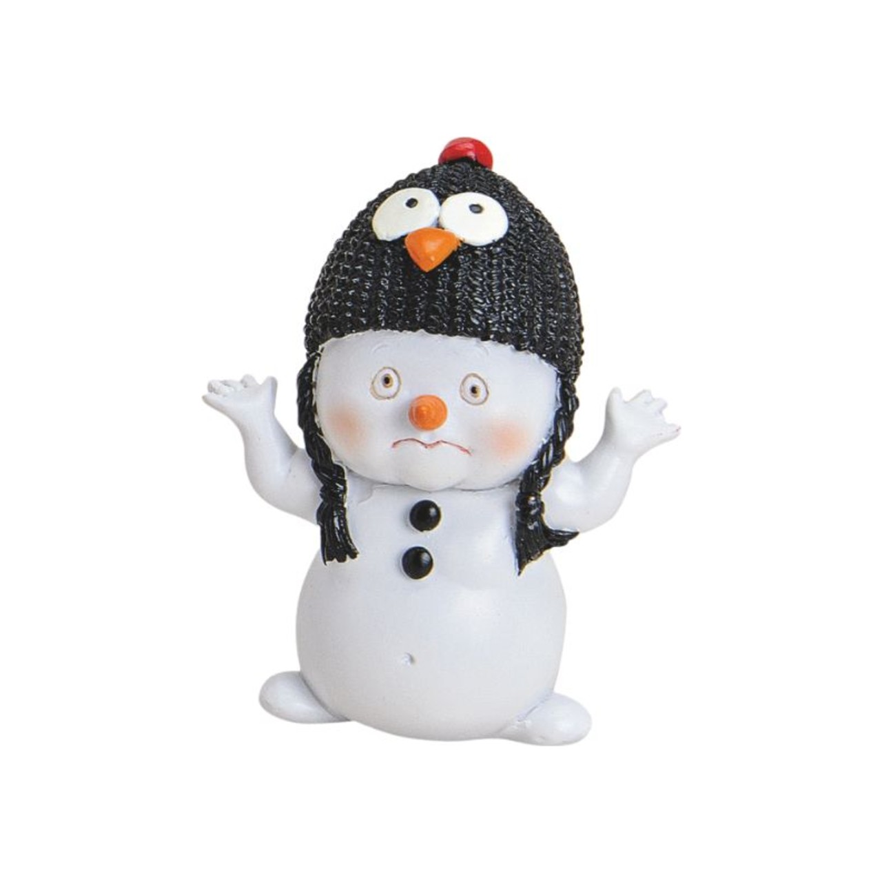 Pupazzo di neve decorativo in polyresina bianca con berretto da pinguino nero a trama di maglia con occhi tondi bianchi, becco arancione e pompon rosso, tre bottoni neri sul davanti e braccia alzate