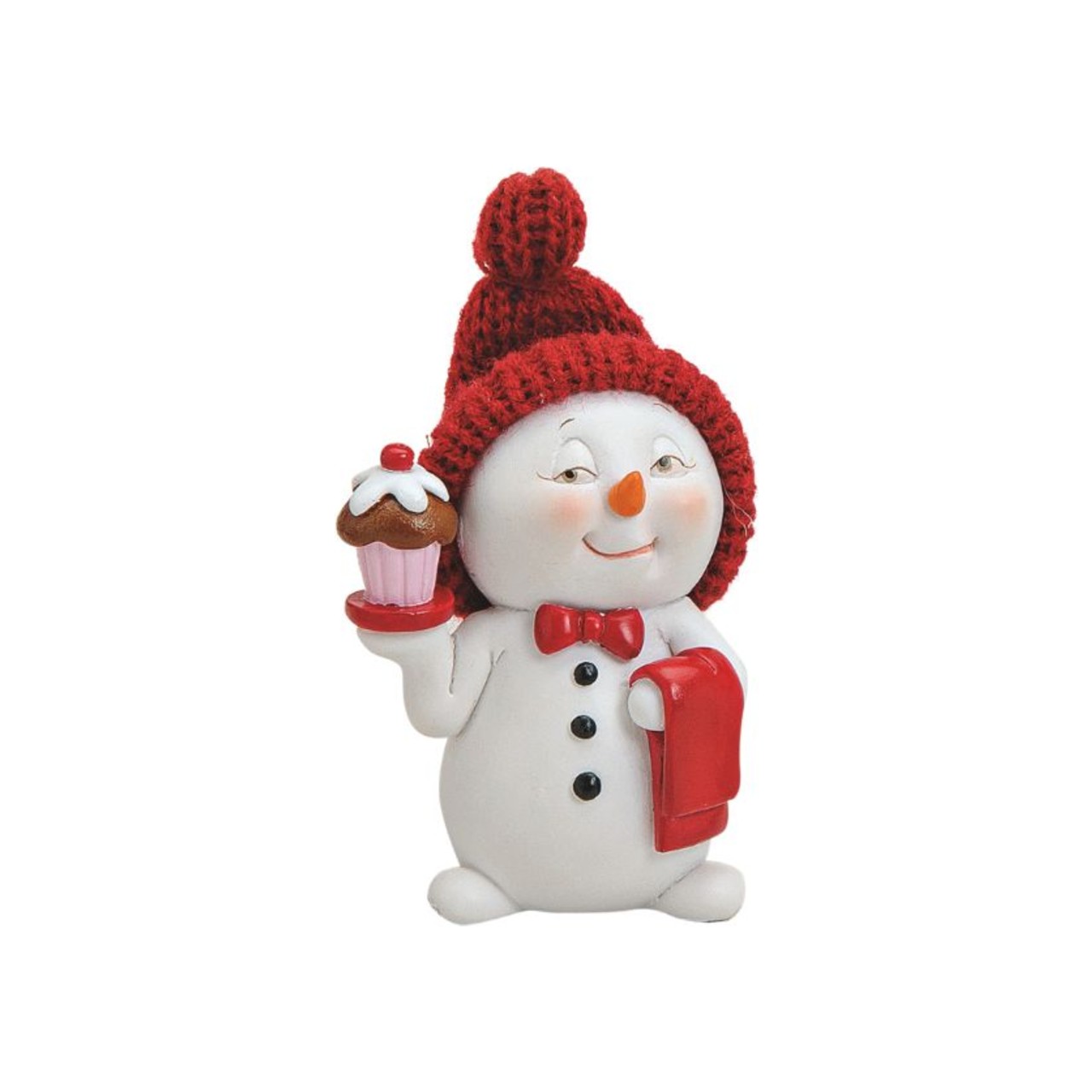Pupazzo di neve decorativo in polyresina bianca con berretto rosso in lana e pompon, papillon rosso e tre bottoni neri, alza con una mano un vassoio rosso con un dolcetto glassato e porta un canovaccio rosso ripiegato sull avambraccio