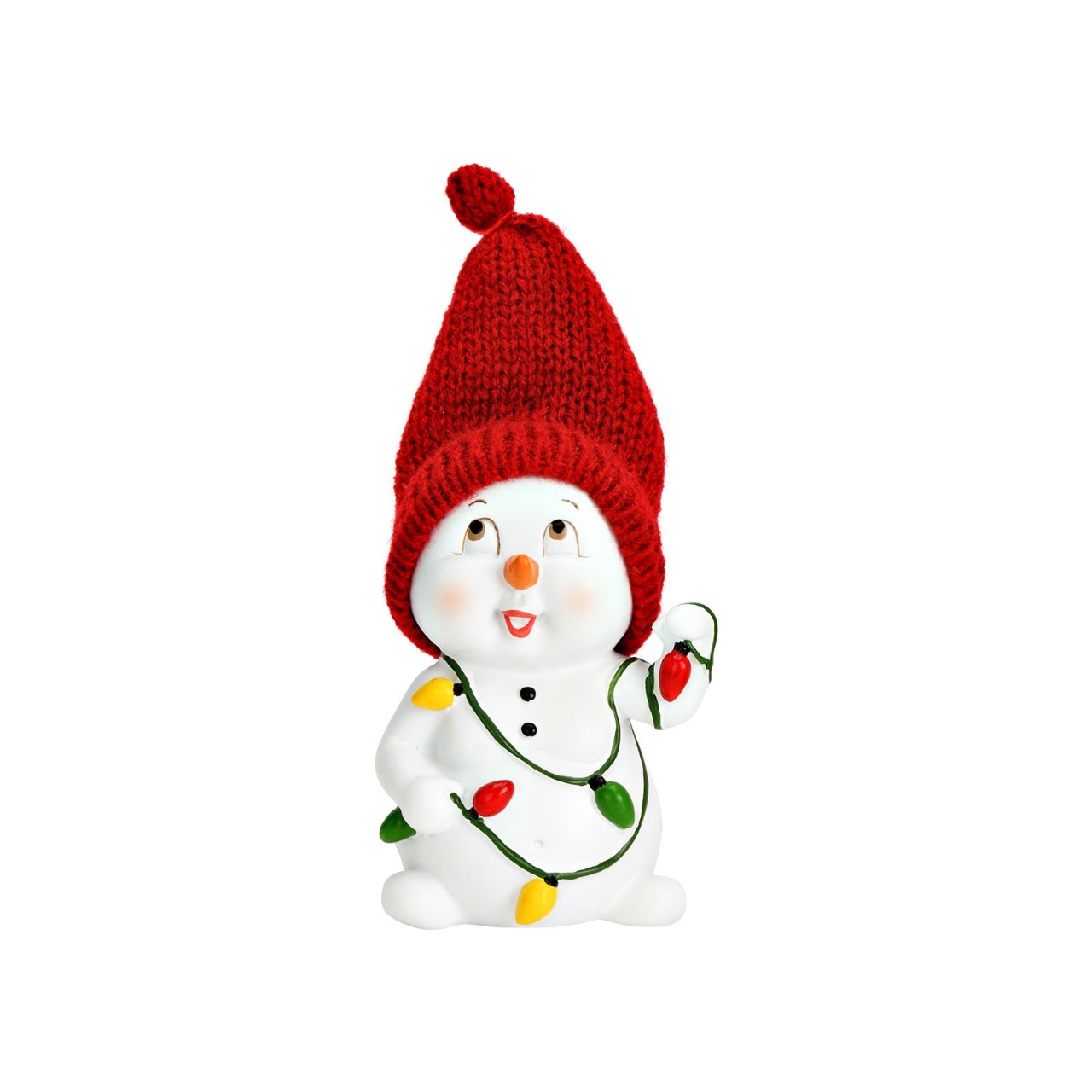 Pupazzo di neve in polyresina bianca alto 11 cm con berretto rosso in lana, avvolto da una catena di lampadine verdi, rosse e gialle di cui regge un elemento con la mano alzata, su fondo bianco.