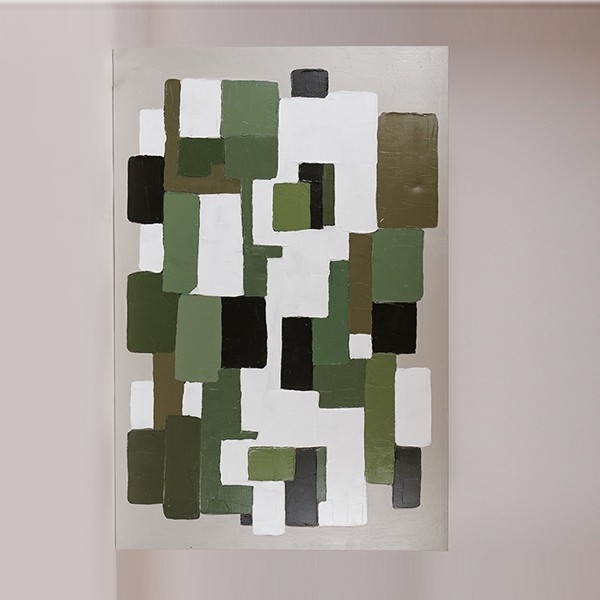 Quadro astratto dipinto a mano su tela, 80 × 120 cm, a blocchi materici verdi, bianchi, neri e tortora