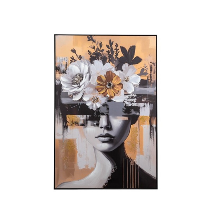 Quadro dipinto a mano 80 × 120 cm: ritratto femminile frontale in grigio con corona di fiori bianchi e dorati sopra gli occhi, fondo con foglia oro e colature, cornice scura sottile