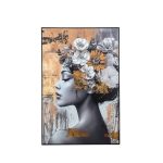 Quadro dipinto a mano 80 × 120 cm: ritratto femminile di profilo in grigio con acconciatura di fiori bianchi e dorati, fondo oro con colature, cornice scura sottile