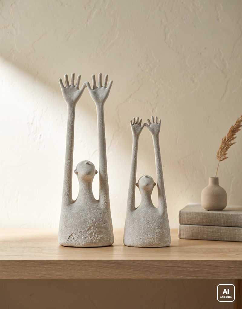 Immagine generata con intelligenza artificiale: le due misure della scultura decorativa in resina grigio chiaro, alta 31,5 cm a sinistra e alta 24 cm a destra, affiancate in scala su una consolle in legno chiaro. Libri, vaso e spiga sono oggetti di scena non compresi.