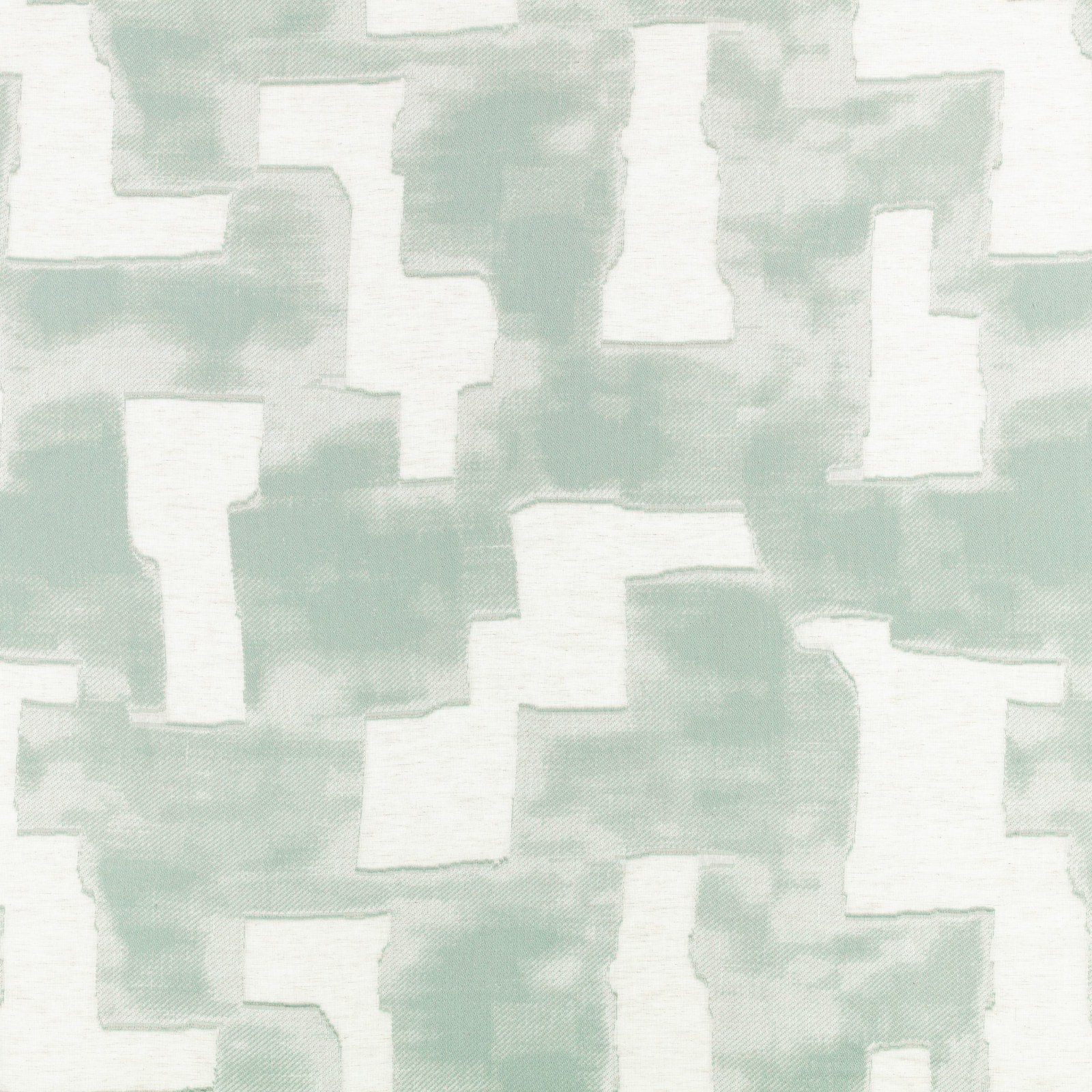 Campione del velo per tende Idris della collezione Zaria di Villa Nova nella colorazione Tide: forme geometriche verde acqua e salvia su fondo bianco, altezza utile 294 cm.