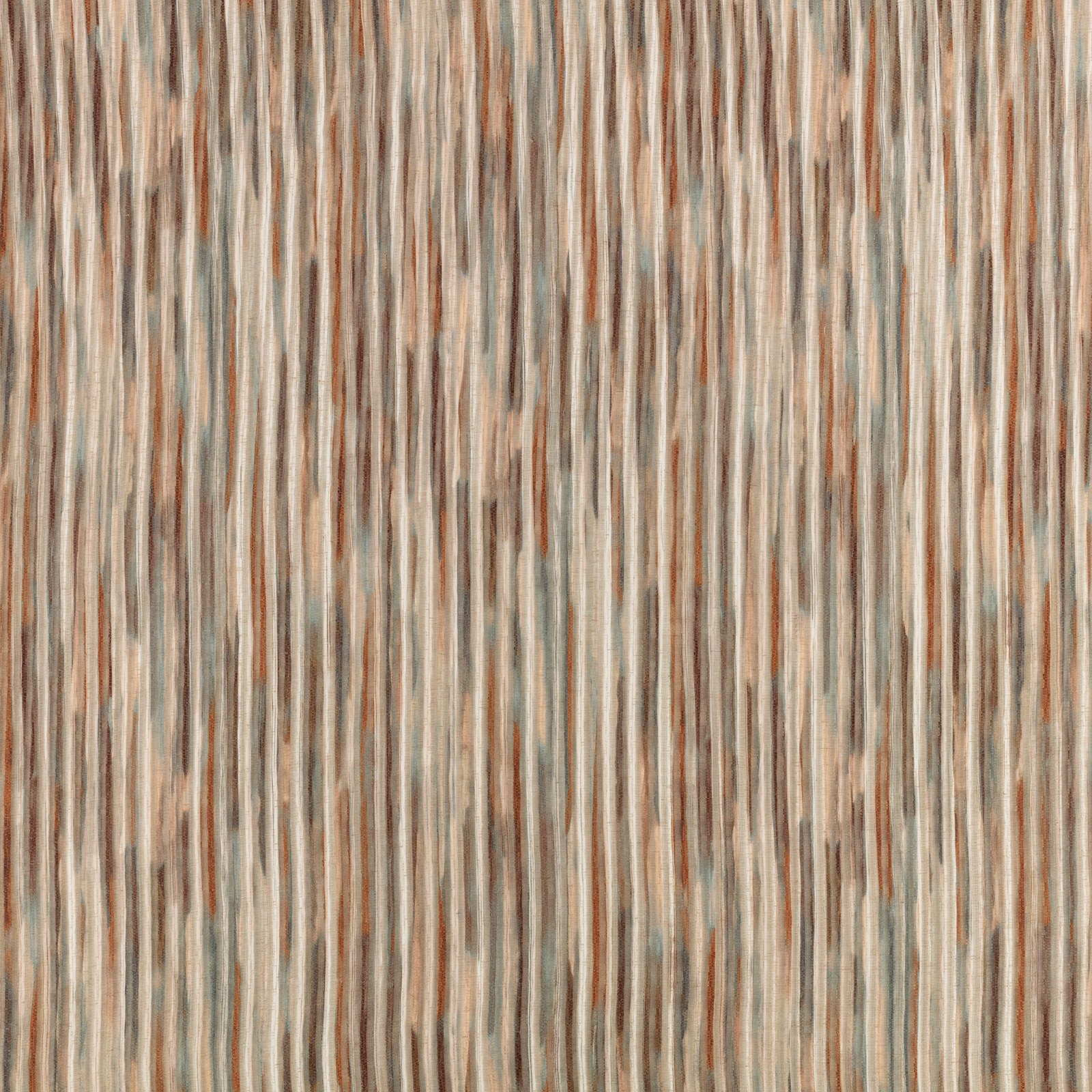 Campione del velo per tende Rafi della collezione Zaria di Villa Nova nella colorazione Sienna: righe verticali terra di Siena, tabacco e grigio salvia su fondo écru, altezza utile 302 cm.