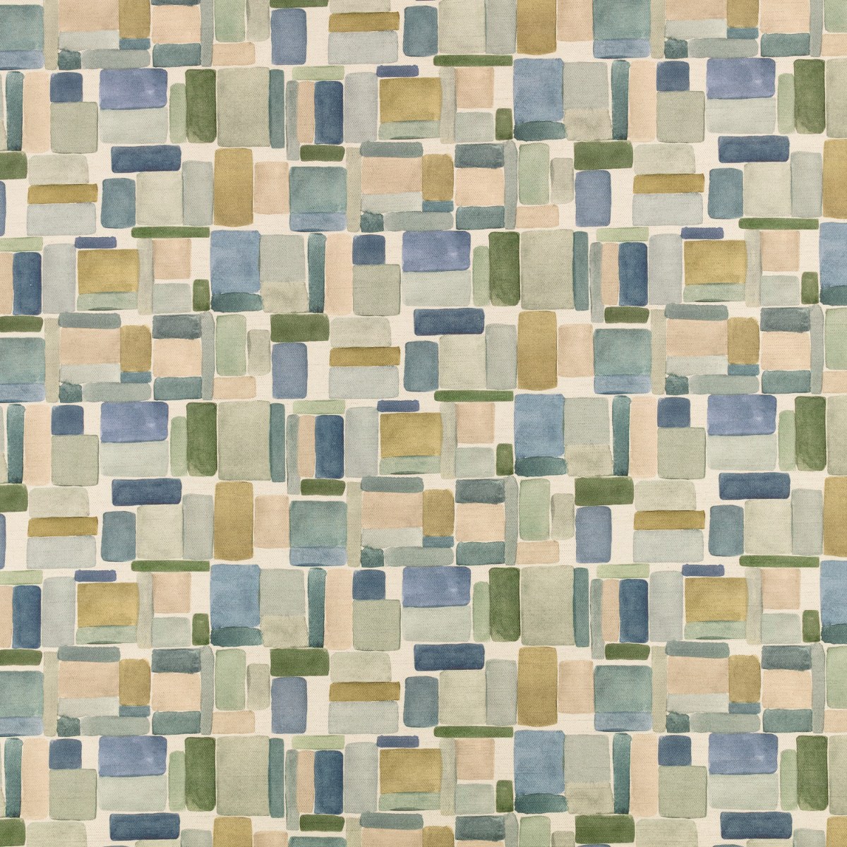 Tessuto Nira Villa Nova Cerulean — campione Campione del tessuto stampato in cotone e lino Nira della collezione Zaria di Villa Nova nella colorazione Cerulean: blocchi ad acquerello blu, verde salvia, oliva e sabbia su fondo écru.
