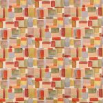 Campione del tessuto stampato in cotone e lino Nira della collezione Zaria di Villa Nova nella colorazione Plume: blocchi ad acquerello rosso, corallo, rosa, ocra e salvia su fondo écru.
