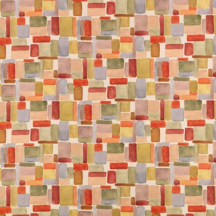 Campione del tessuto stampato in cotone e lino Nira della collezione Zaria di Villa Nova nella colorazione Plume: blocchi ad acquerello rosso, corallo, rosa, ocra e salvia su fondo écru.