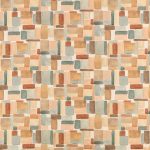 Campione del tessuto stampato in cotone e lino Nira della collezione Zaria di Villa Nova nella colorazione Sienna: blocchi ad acquerello terracotta, arancio, grigio azzurro e sabbia su fondo écru.