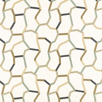 Campione del tessuto ricamato Samir della collezione Zaria di Villa Nova nella colorazione Mineral: linee ricamate sabbia, oliva, grigio salvia e antracite su fondo écru.