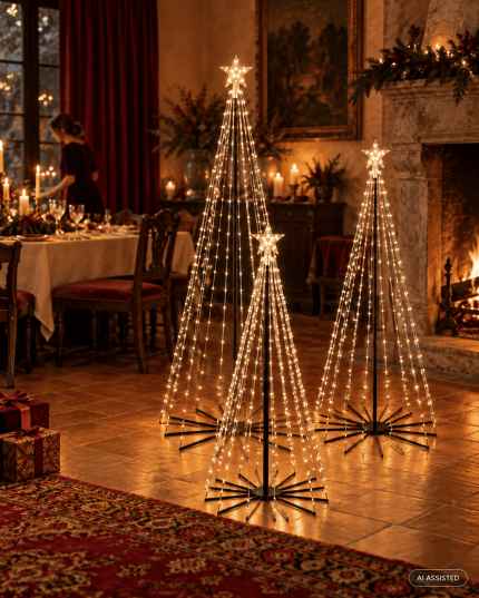 Tre alberi luminosi con stella, nelle misure 120, 150 e 180 cm, ambientati accanto al camino e alla tavola natalizia. Ambientazione generata con AI.