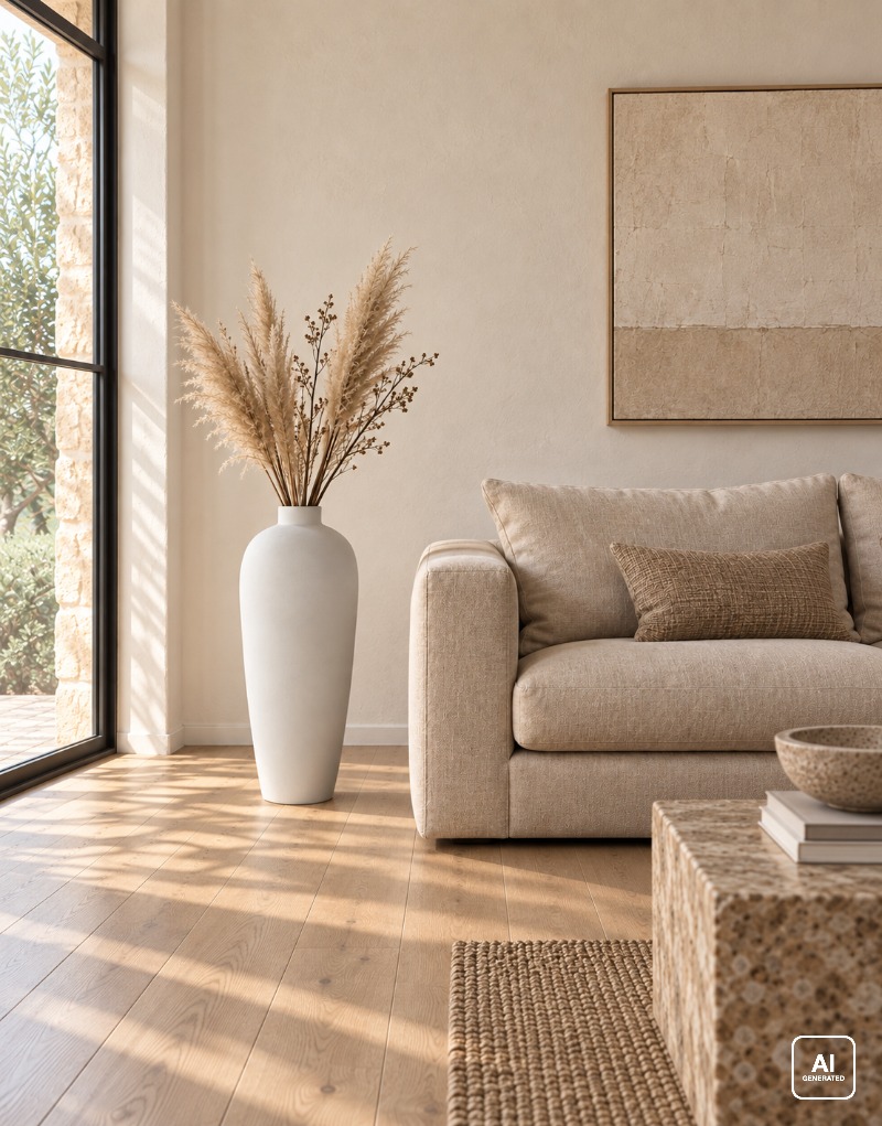 Immagine generata con AI: vaso alto Natura in ceramica bianca 35 × 80 cm con pampas, a terra accanto a un divano in soggiorno. Divano, tavolino, tappeto, quadro, rami e pampas non sono compresi