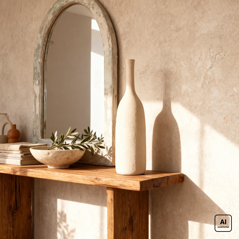 Vaso a bottiglia in ceramica bianca su una consolle in legno davanti a uno specchio ad arco. Immagine generata con intelligenza artificiale; consolle, specchio, ciotola e libri non sono compresi
