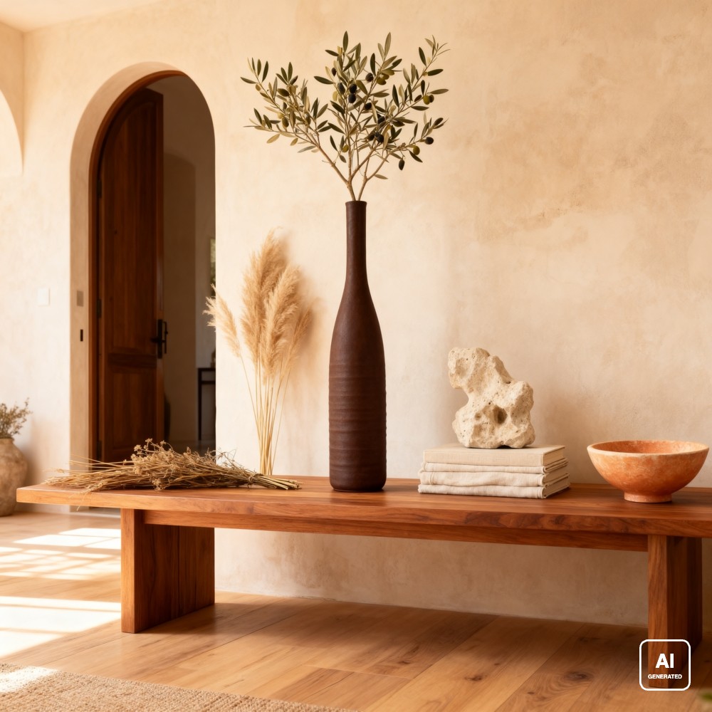 Vaso a bottiglia in ceramica color terracotta con rametti d’ulivo su una panca in legno in un ingresso ad arco. Immagine generata con intelligenza artificiale; rami, panca e altri oggetti non sono compresi
