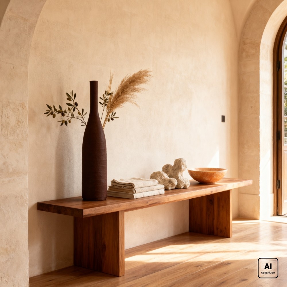 Vaso a bottiglia in ceramica color terracotta con rami di ulivo e pampas su una panca in legno. Immagine generata con intelligenza artificiale; rami, panca, libri, ciotola e scultura non sono compresi