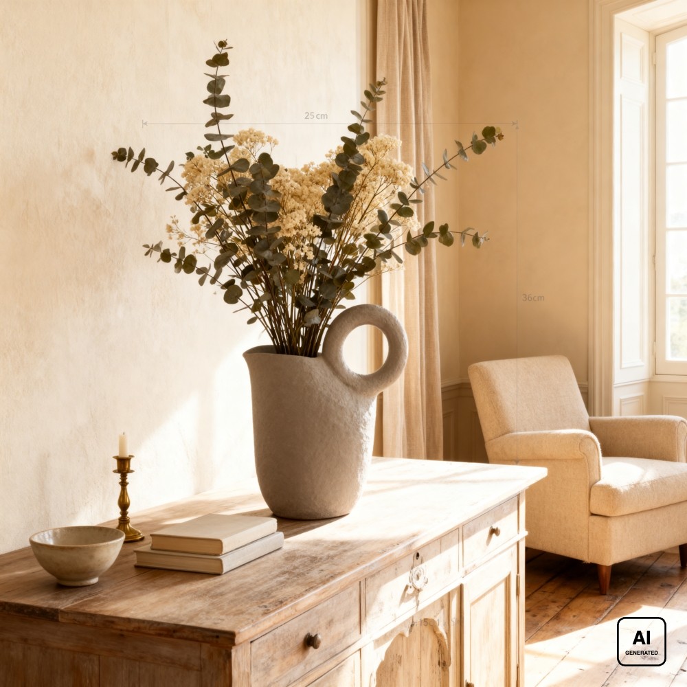 Vaso a brocca in ceramica bianca con rami di eucalipto su una credenza in legno. Immagine generata con intelligenza artificiale; rami, credenza, libri e candeliere non sono compresi