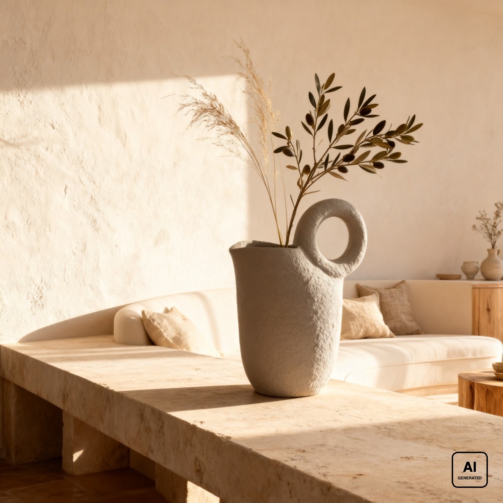 Vaso a brocca in ceramica bianca con rami di ulivo su una panca in pietra. Immagine generata con intelligenza artificiale; rami e arredi non sono compresi