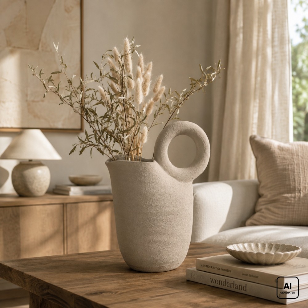 Vaso a brocca in ceramica bianca con fiori secchi su un tavolo in legno in soggiorno. Immagine generata con intelligenza artificiale; fiori, lampada, libri e piatto non sono compresi