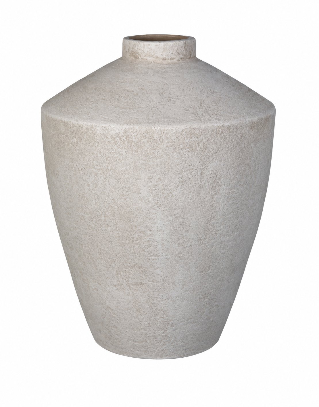 Vaso Selena in ceramica bianco avorio su fondo bianco: corpo pieno con spalla larga che si stringe in un collo corto, superficie ruvida e opaca