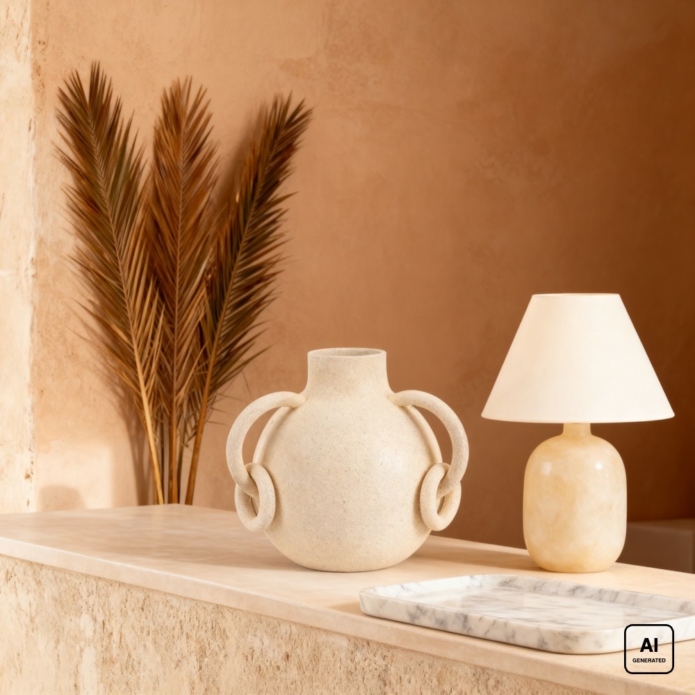 Vaso in polyresina beige con anse ad anelli intrecciati su un piano in pietra accanto a una lampada da tavolo e a un vassoio in marmo. Immagine generata con intelligenza artificiale; foglie di palma, lampada e vassoio non sono compresi