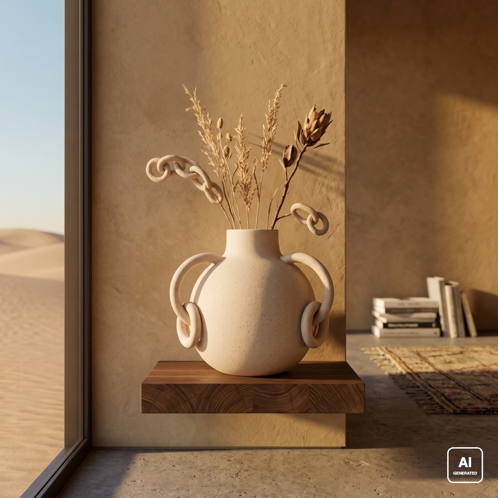 Vaso in polyresina beige con anse ad anelli intrecciati su una mensola in legno, con spighe secche, accanto a una finestra. Immagine generata con intelligenza artificiale; mensola, spighe, libri e tappeto non sono compresi