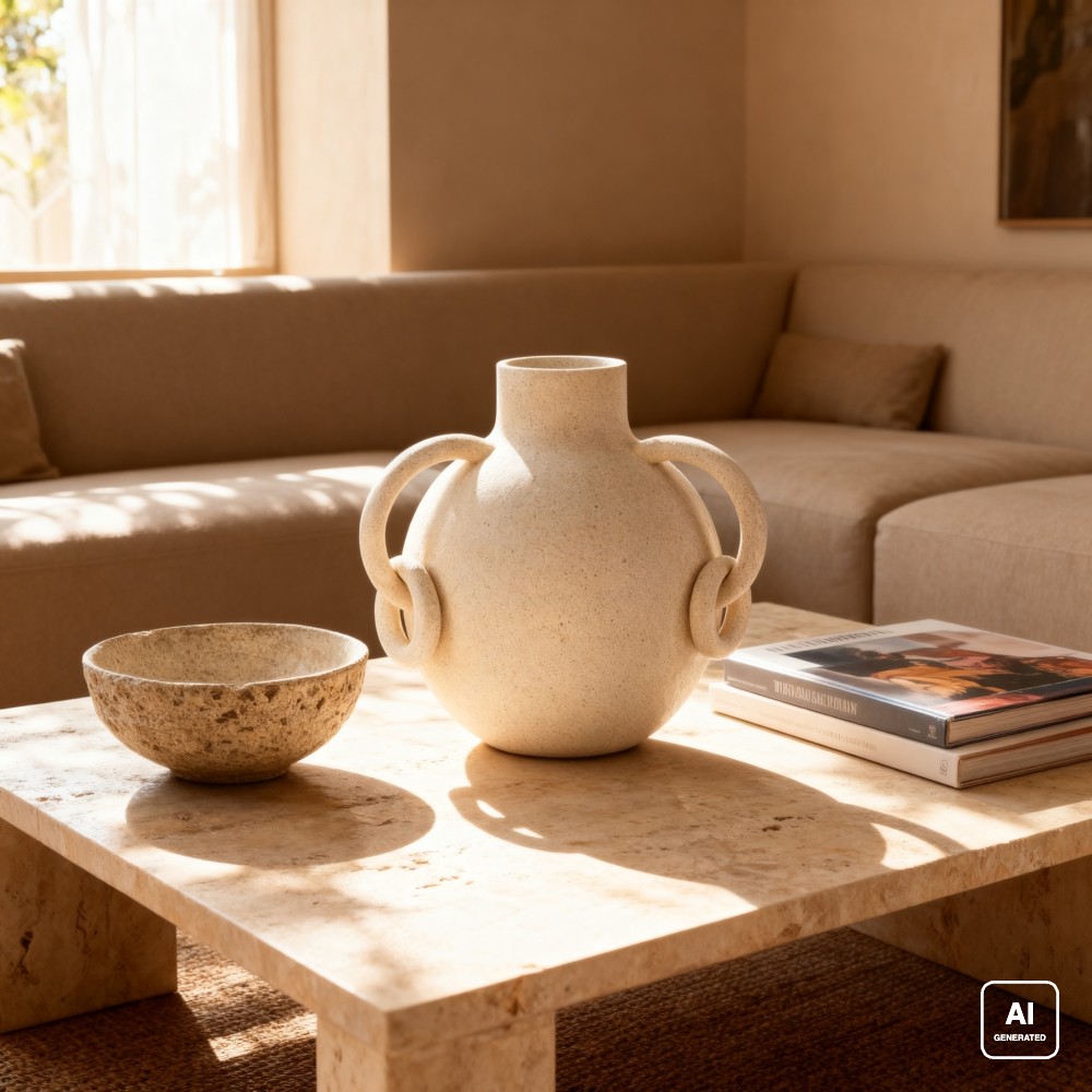 Vaso in polyresina beige con anse ad anelli intrecciati su un tavolino in travertino in soggiorno. Immagine generata con intelligenza artificiale; tavolino, ciotola, libri e divano non sono compresi