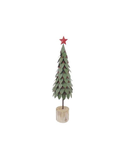 Abete decorativo in metallo verde con base in legno, altezza 54,5 cm. Foto del prodotto su fondo bianco.