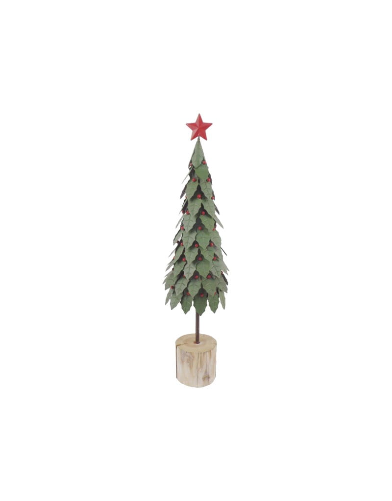 Abete decorativo in metallo verde con base in legno, altezza 54,5 cm Abete decorativo in metallo verde con base in legno, altezza 54,5 cm. Foto del prodotto su fondo bianco.