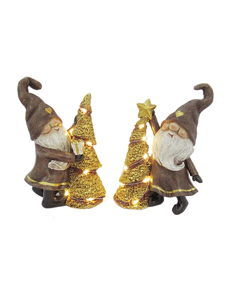 Coppia di Babbo Natale in polyresina con alberelli dorati luminosi LED. Foto del prodotto su fondo bianco.