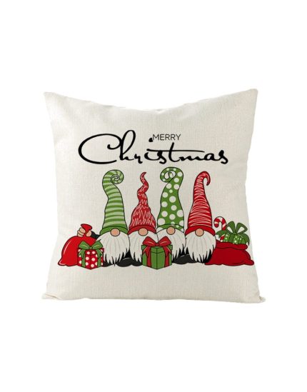 Cuscino natalizio Merry Christmas con gnomi, in cotone con imbottitura – Quattro gnomi. Foto del prodotto su fondo bianco.