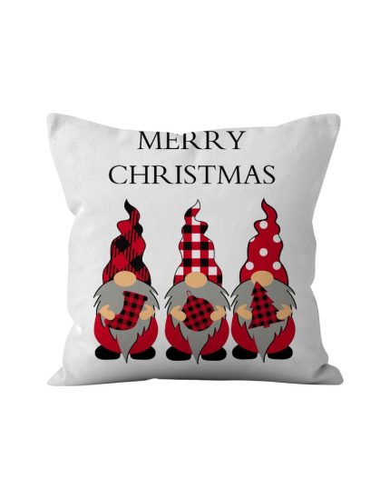 Cuscino natalizio Merry Christmas con gnomi, in cotone con imbottitura – Tre gnomi rossi. Foto del prodotto su fondo bianco.