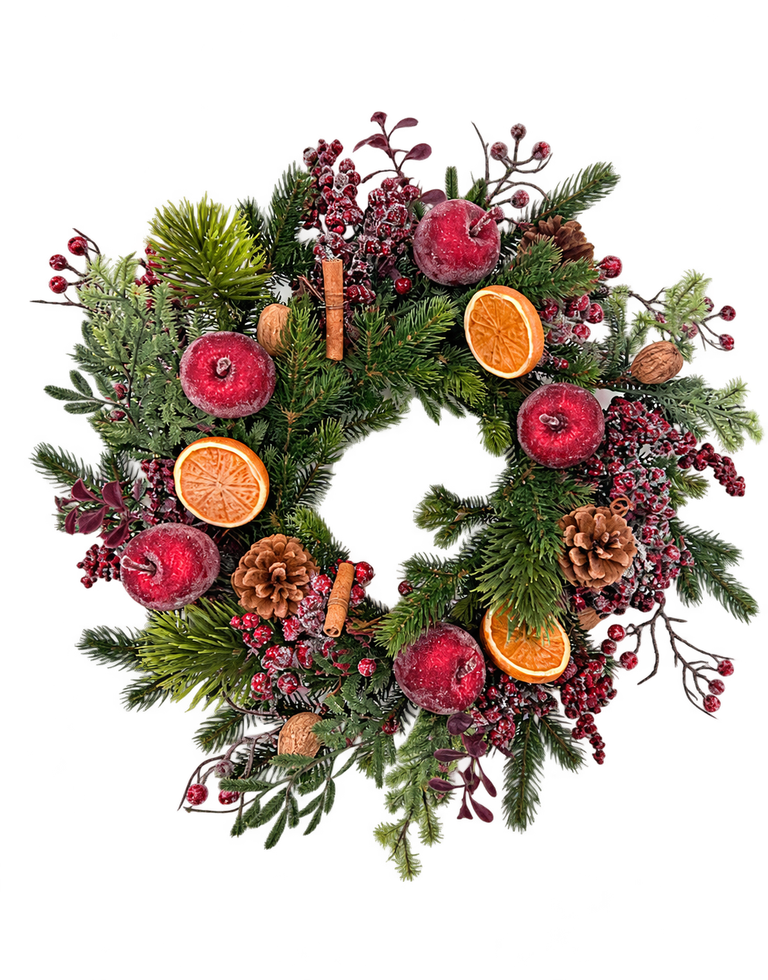 Ghirlanda di Natale con bacche rosse, arance e pigne, diametro 45 cm