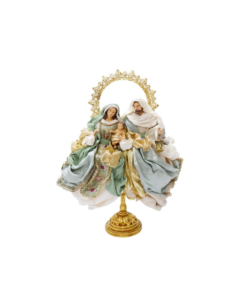 Sacra Famiglia su piedistallo oro con arco di stelle. Foto del prodotto su fondo bianco.