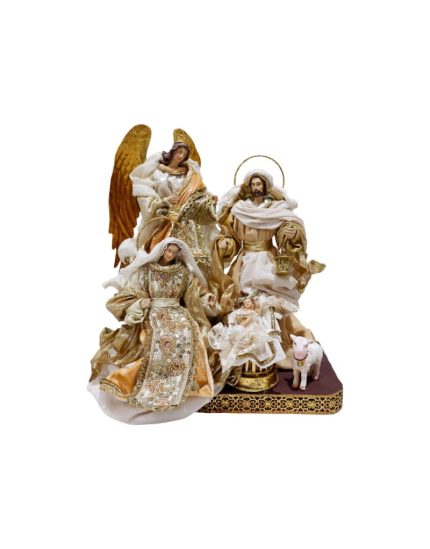 Sacra Famiglia Sevilla con angelo e base, altezza 26 cm. Foto del prodotto su fondo bianco.